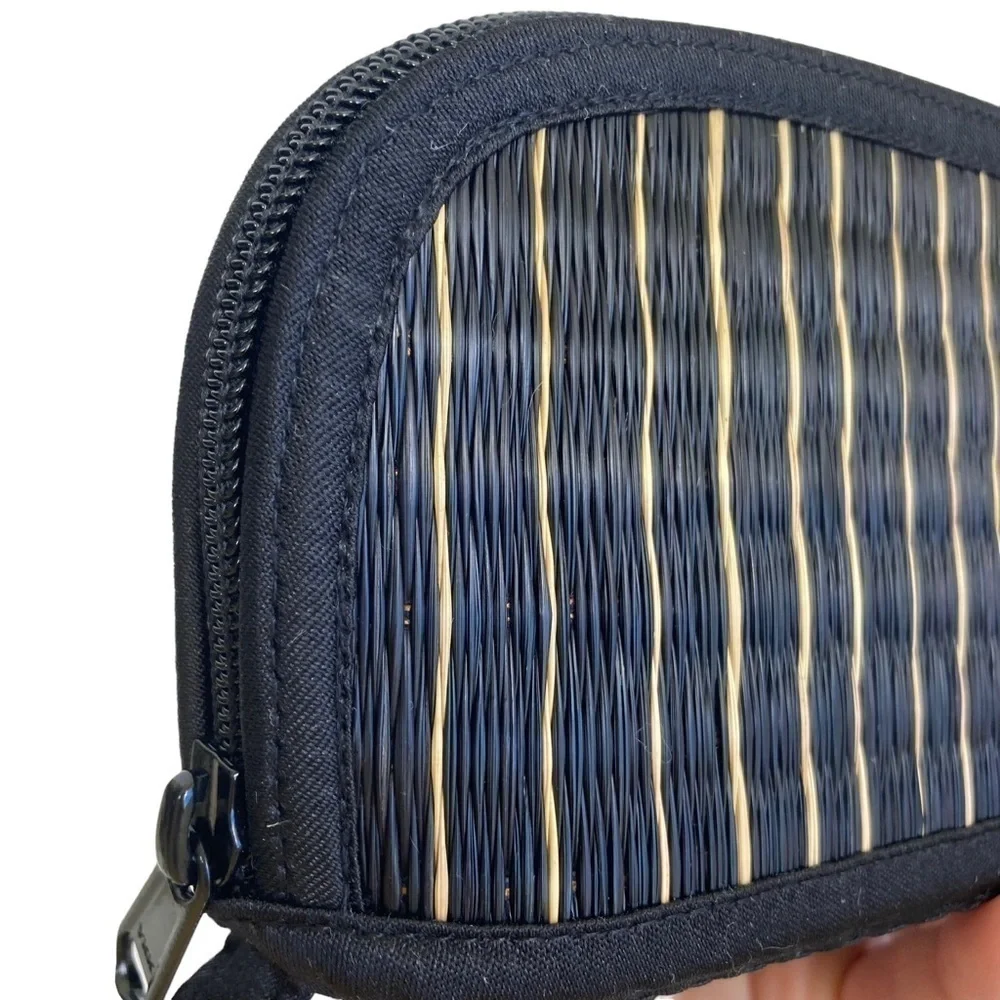 Baskets of Cambodia Woven Wristlet Make Up Bag Mini Coin Purse Black Cream OS